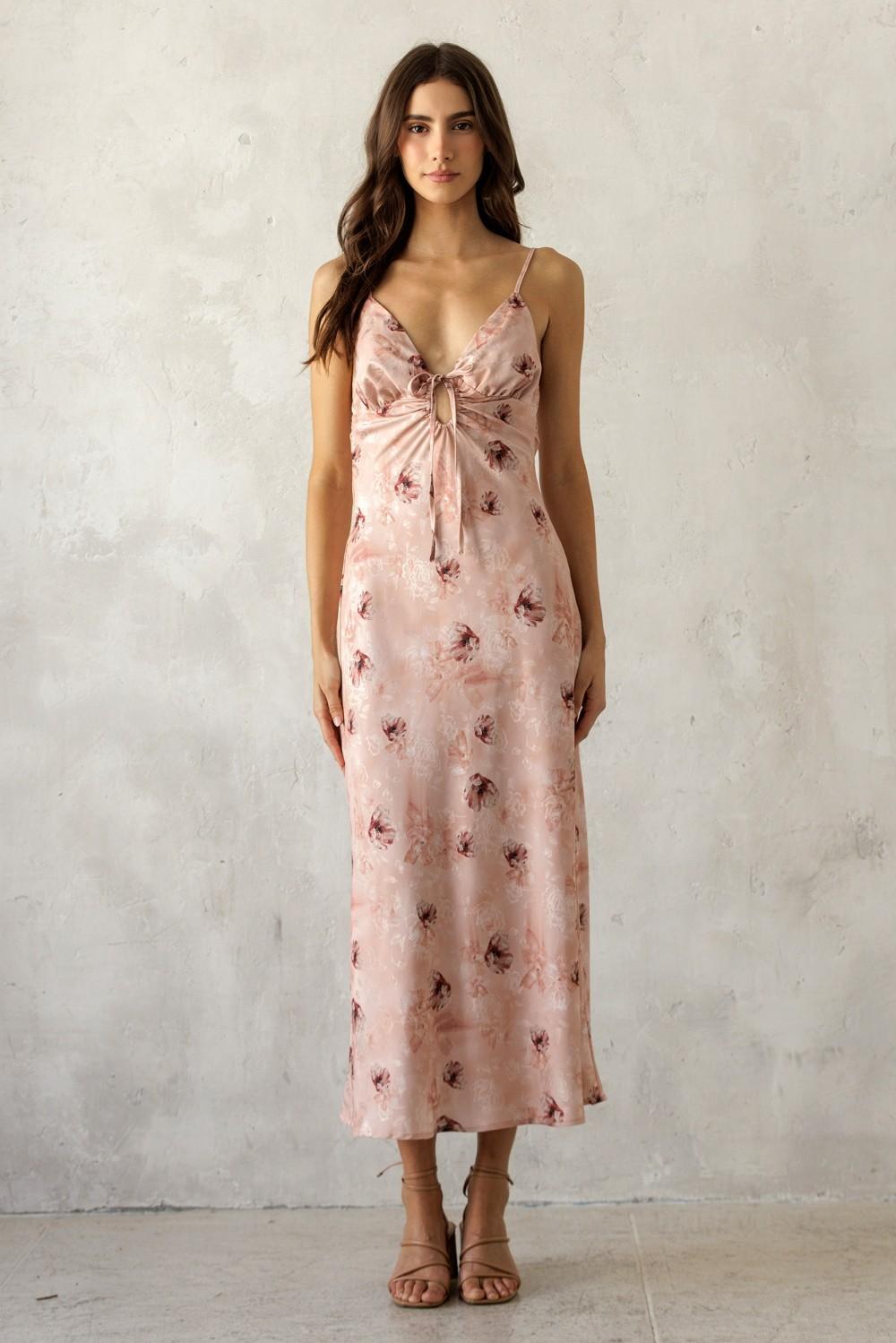 Rose Mauve Satin Floral Tie Front Midi Dress