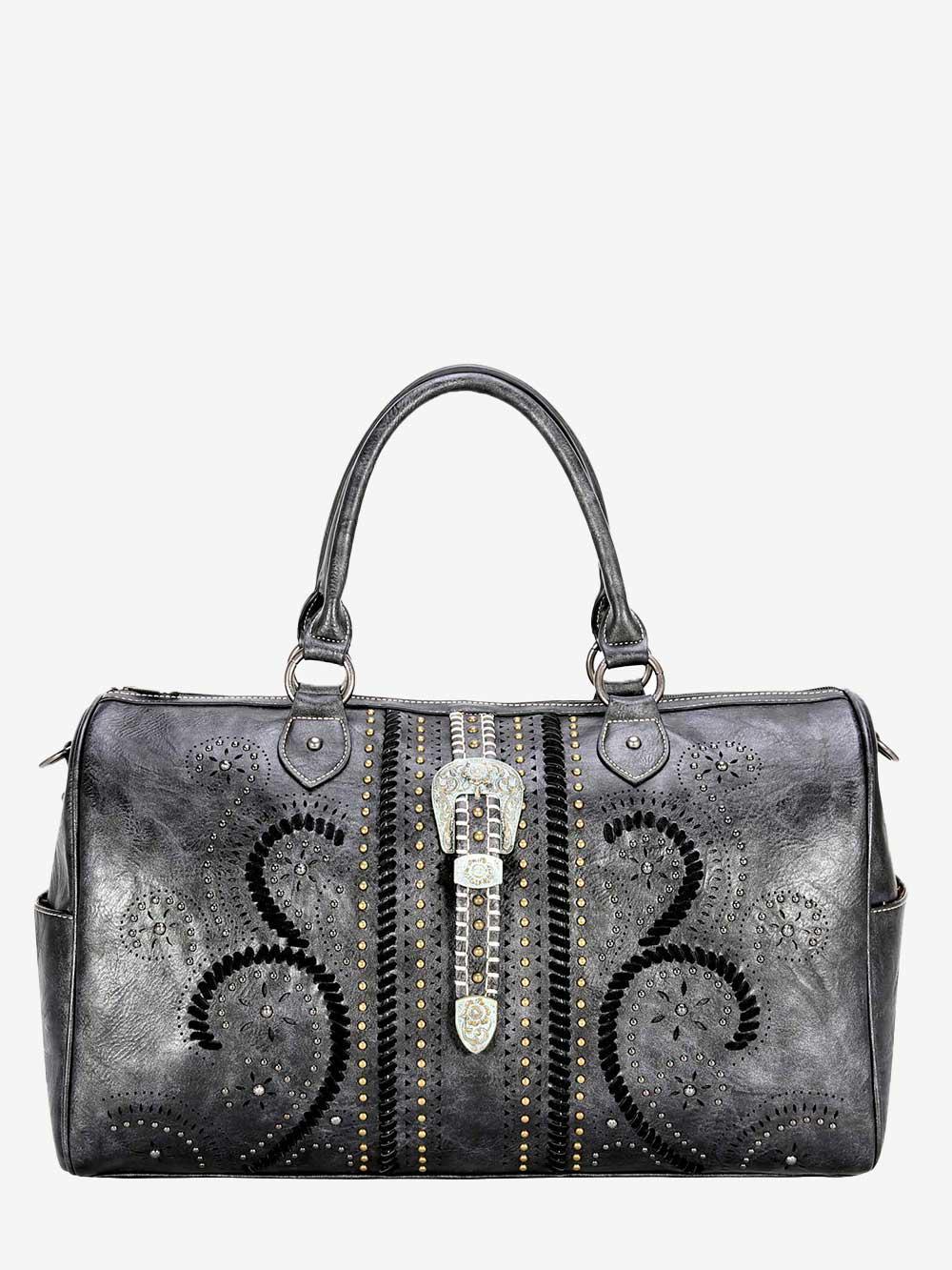 Montana West Antique Silver Floral Buckle Whipstitch Weekender Bag
