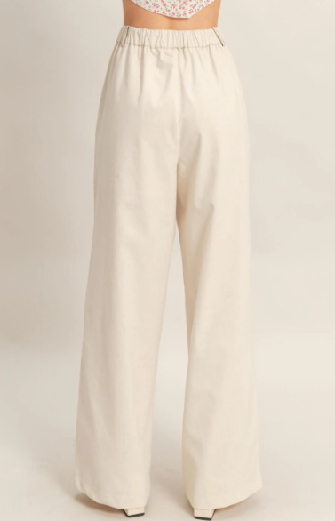OATMEAL ELASTIC WAIST BUTTON WIDE LEG LINEN PANTS