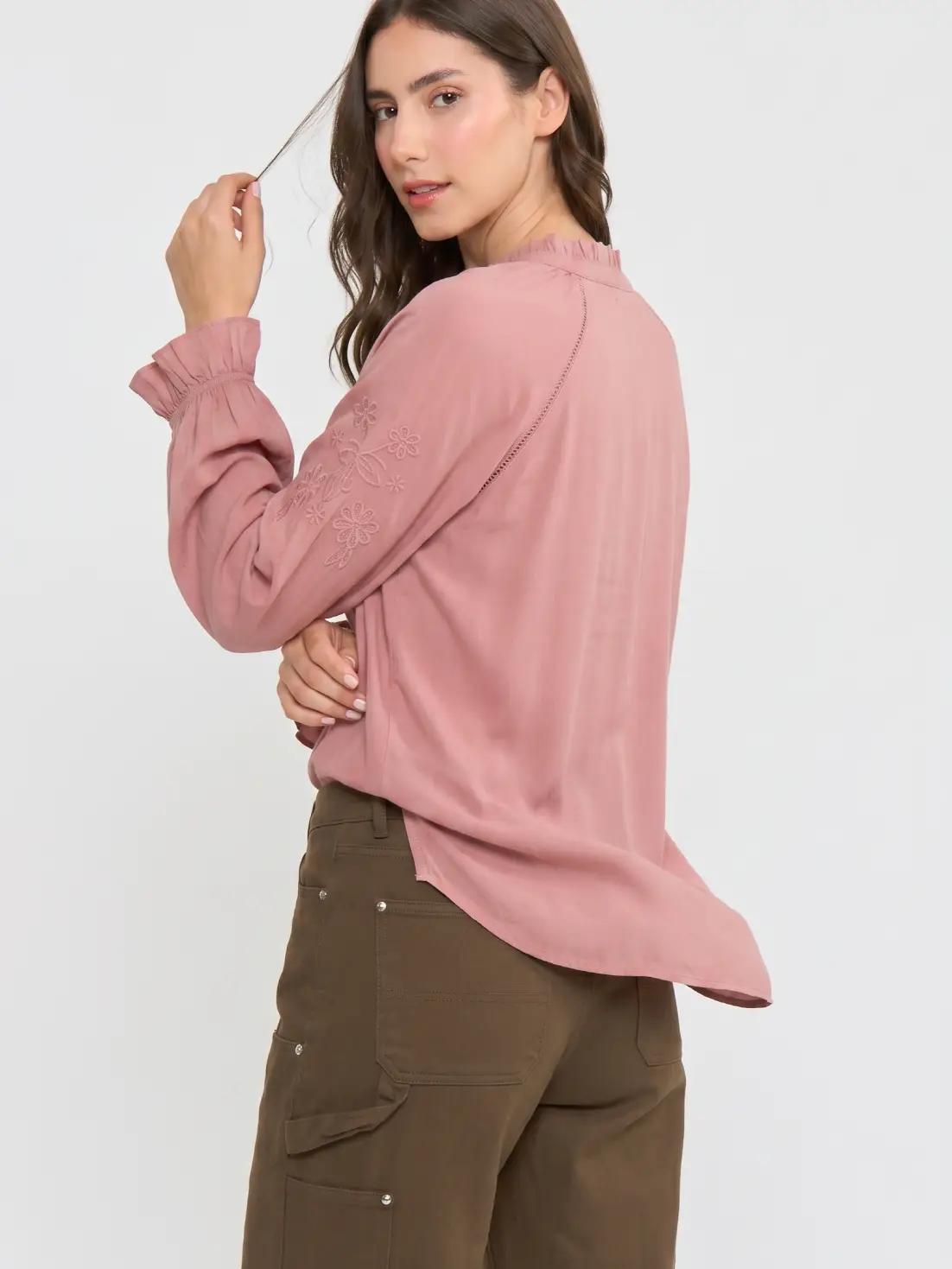 Boho-Chic Embroidered Mauve Peasant Blouse