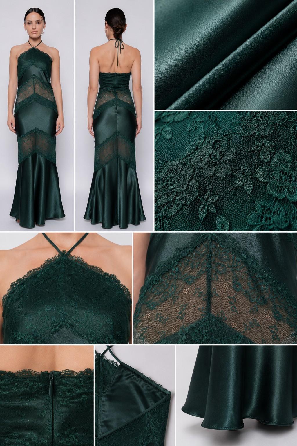 Forest Green Halter Lace Panel Maxi Dress