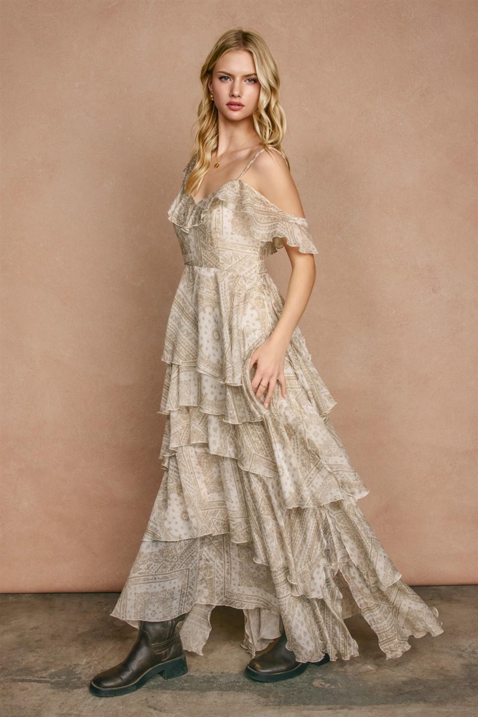 Faded Walnut Asymmetrical Flowy Tiered Maxi Dress