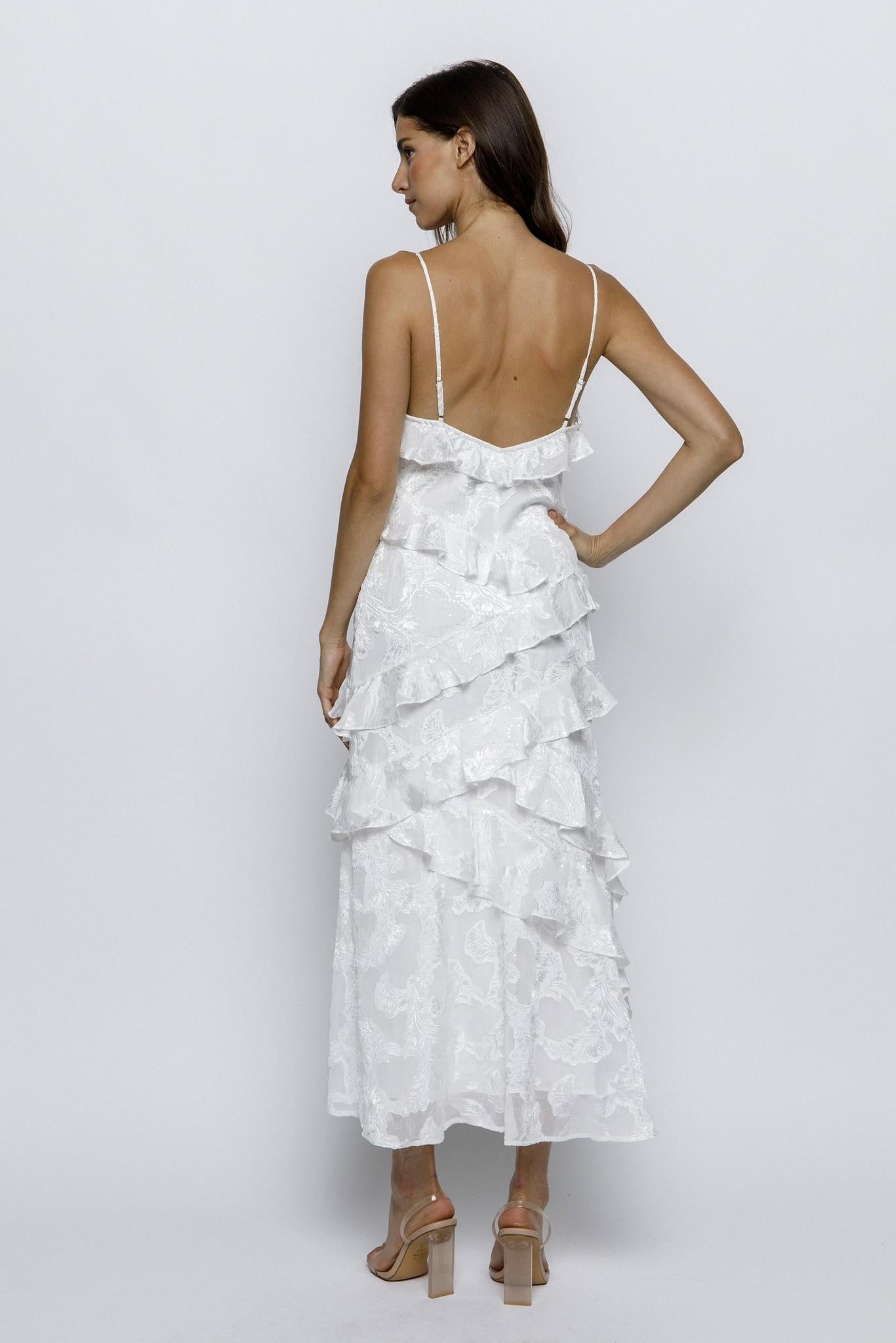 White Beads Embossed Print Ruffled Slip Dress