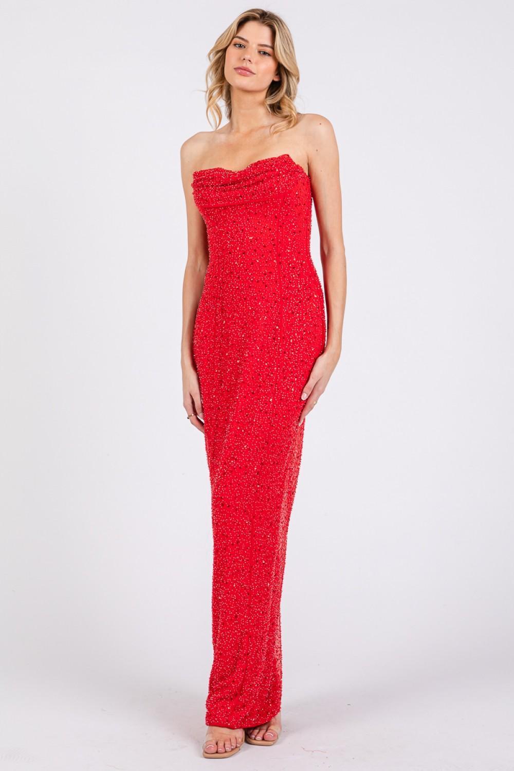 Red Mesh Pearl Bandeau Cowl Maxi Dress