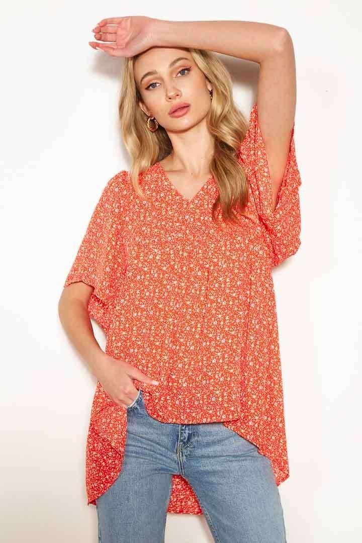 Coral Abstract Ditsy Print Empire Waist Blouse