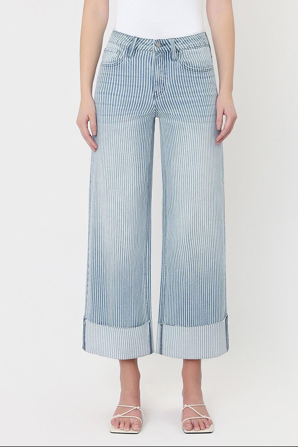 High Rise Cuffed Striped Crop Wide Jeans