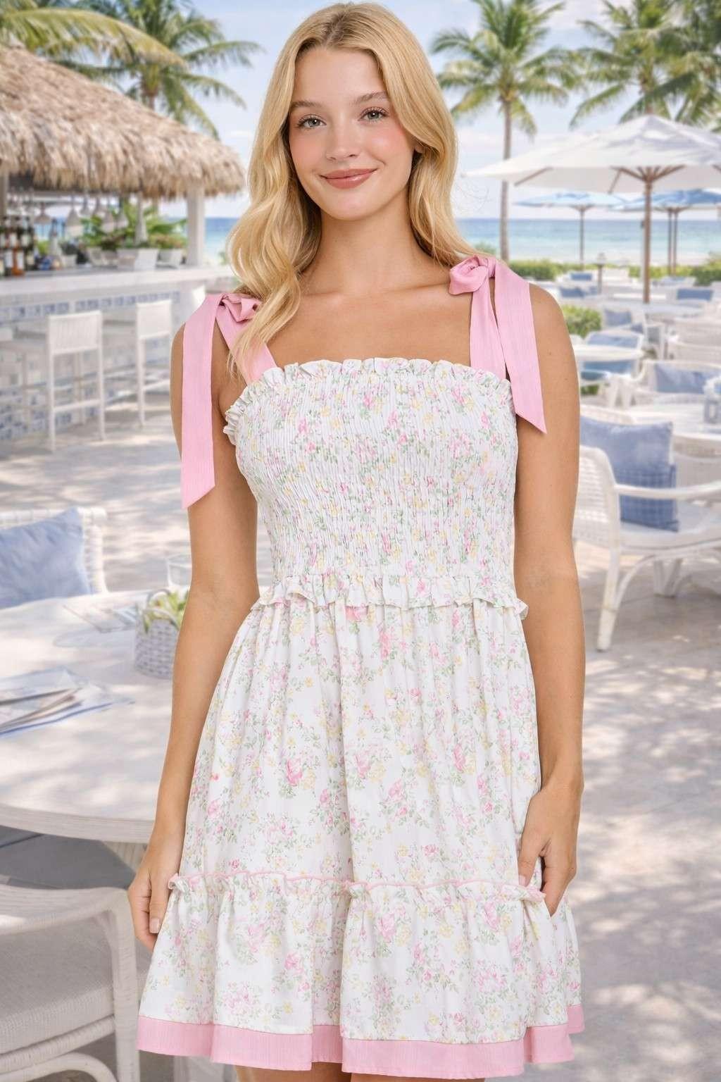 Floral Pink Ribbon Strap Sundress