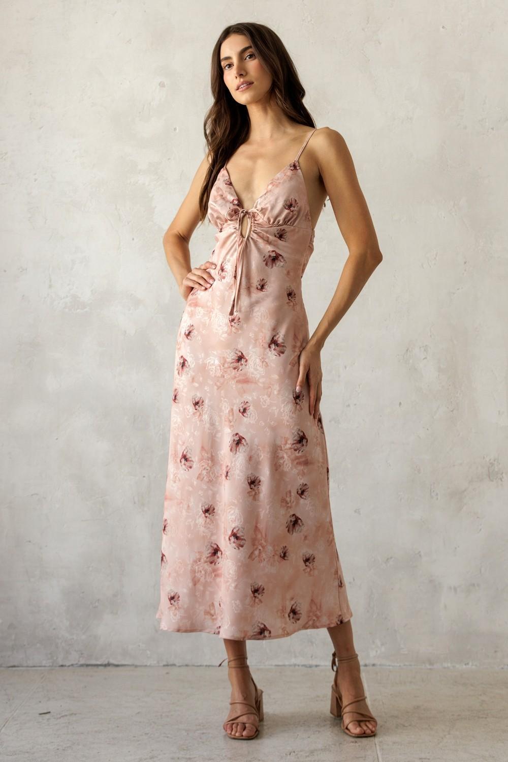 Rose Mauve Satin Floral Tie Front Midi Dress