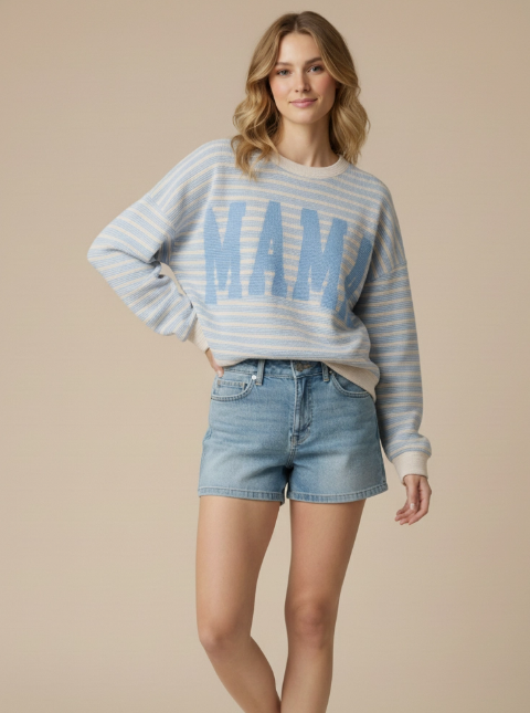 "Mama" Cloudy Knit Stripe Long Sleeve Top