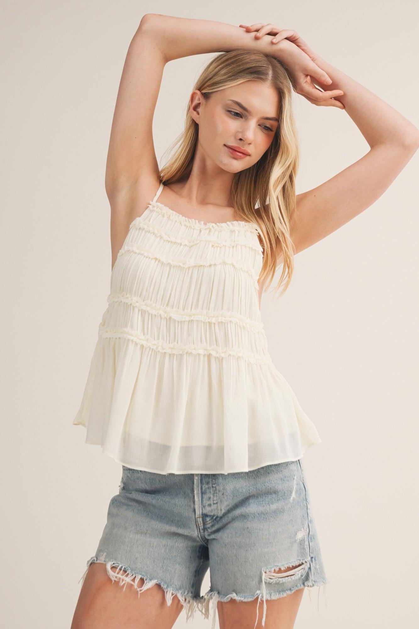 Natural Tiered Ruffle Bodice Babydoll Cami