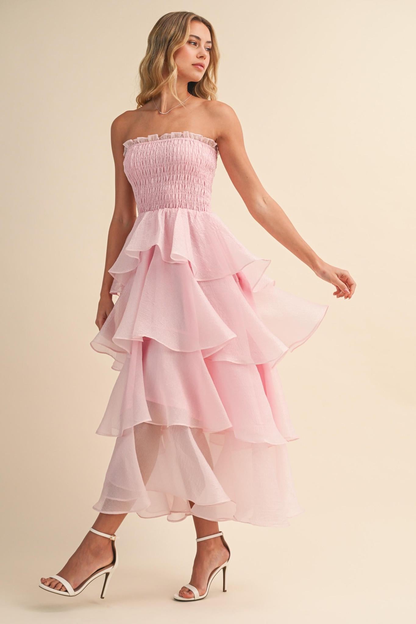 Strapless Tiered Ruffled Layered Maxi Dress
