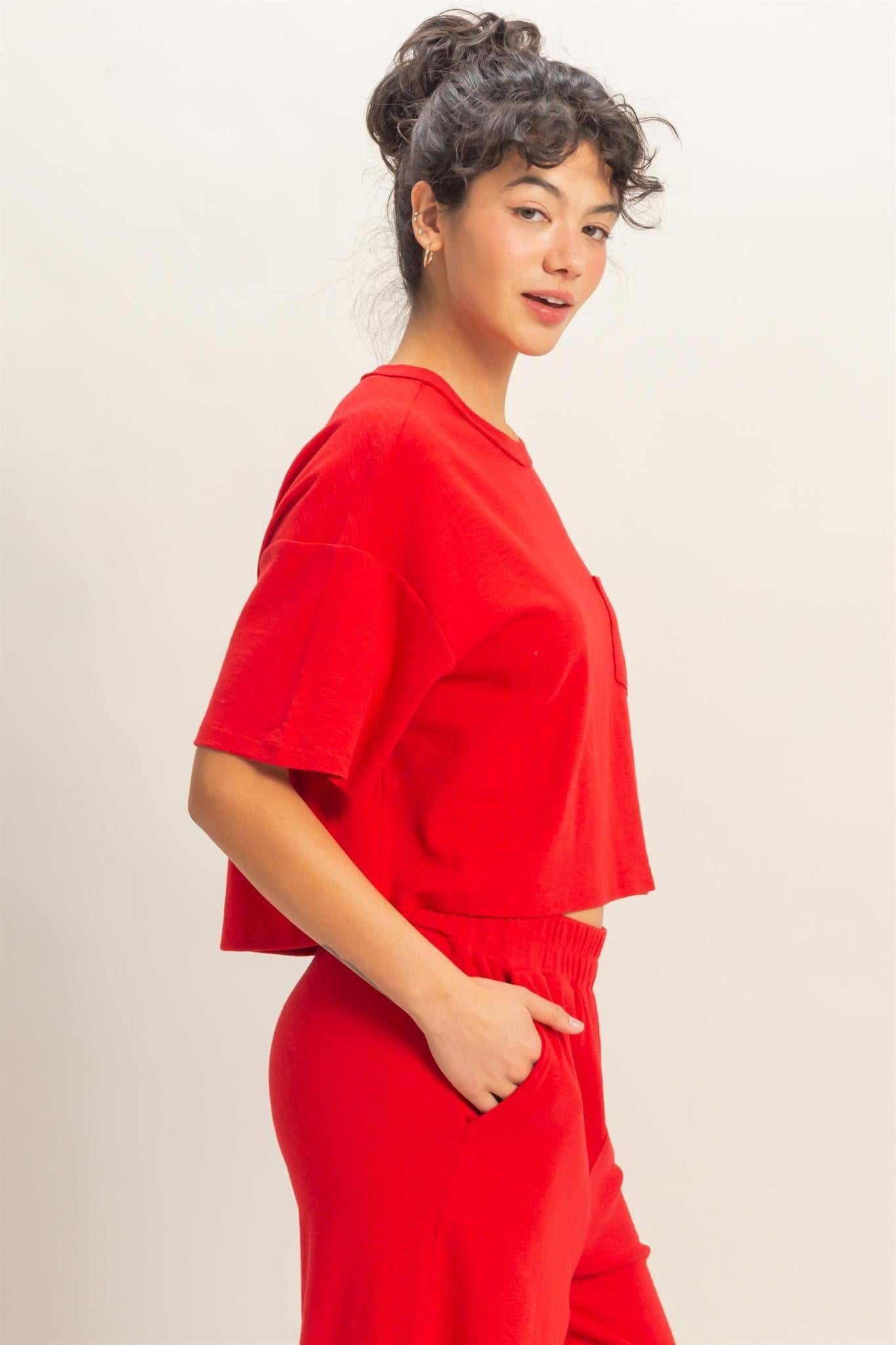 Boxy Crew Neck Top With Pocket