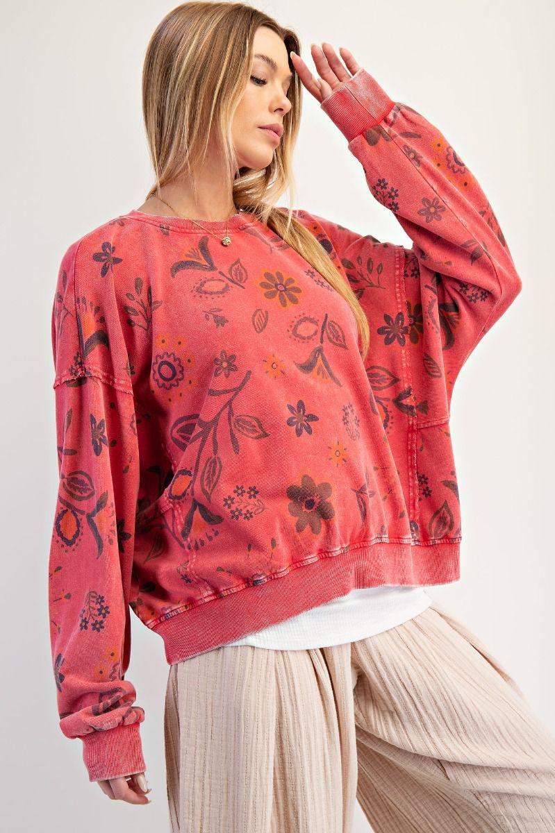 Boho Red Floral Print Pullover