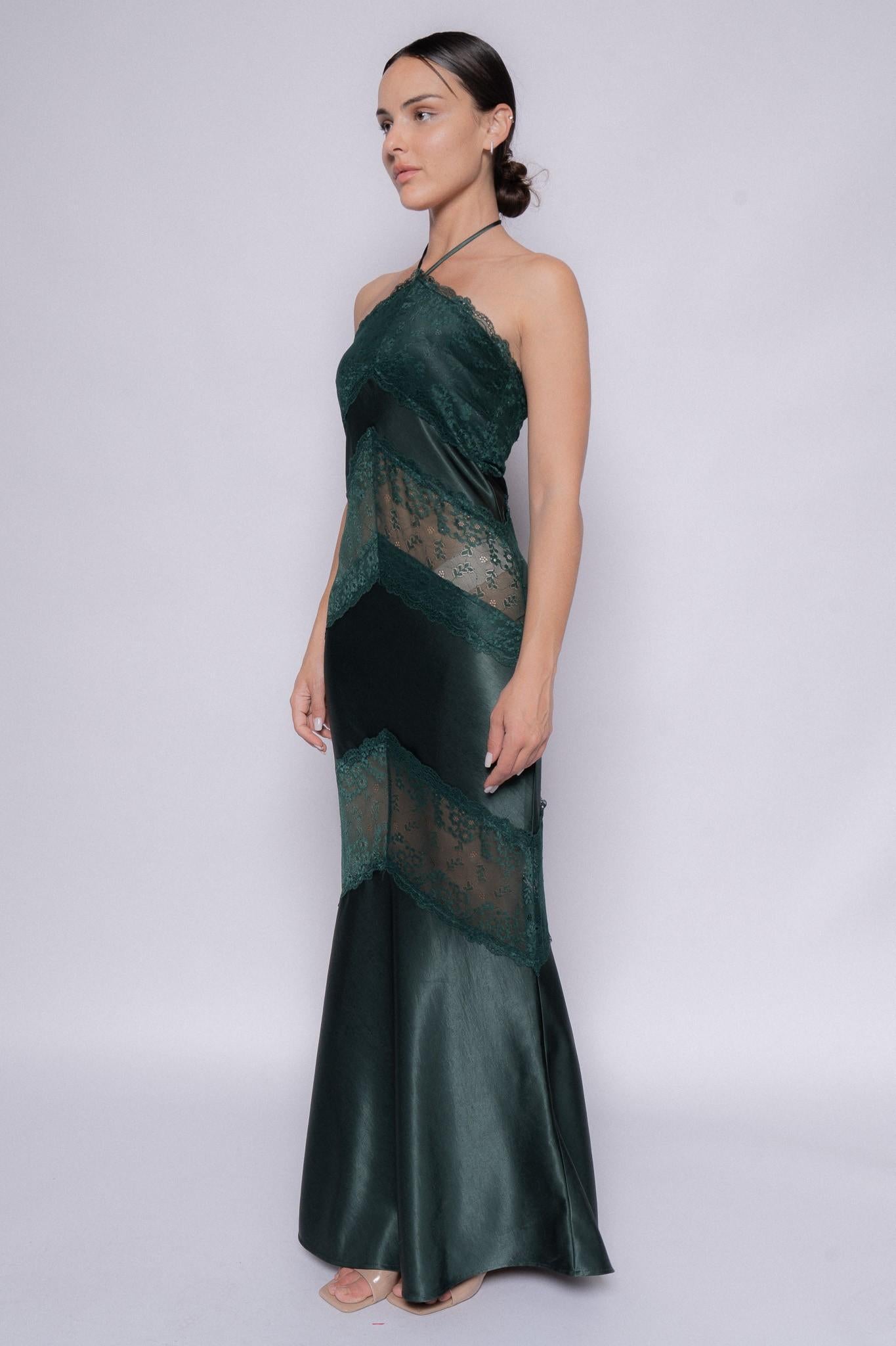 Forest Green Halter Lace Panel Maxi Dress