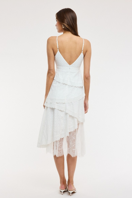 White Eyelet Asymmetric Layered Lace Midi Dress
