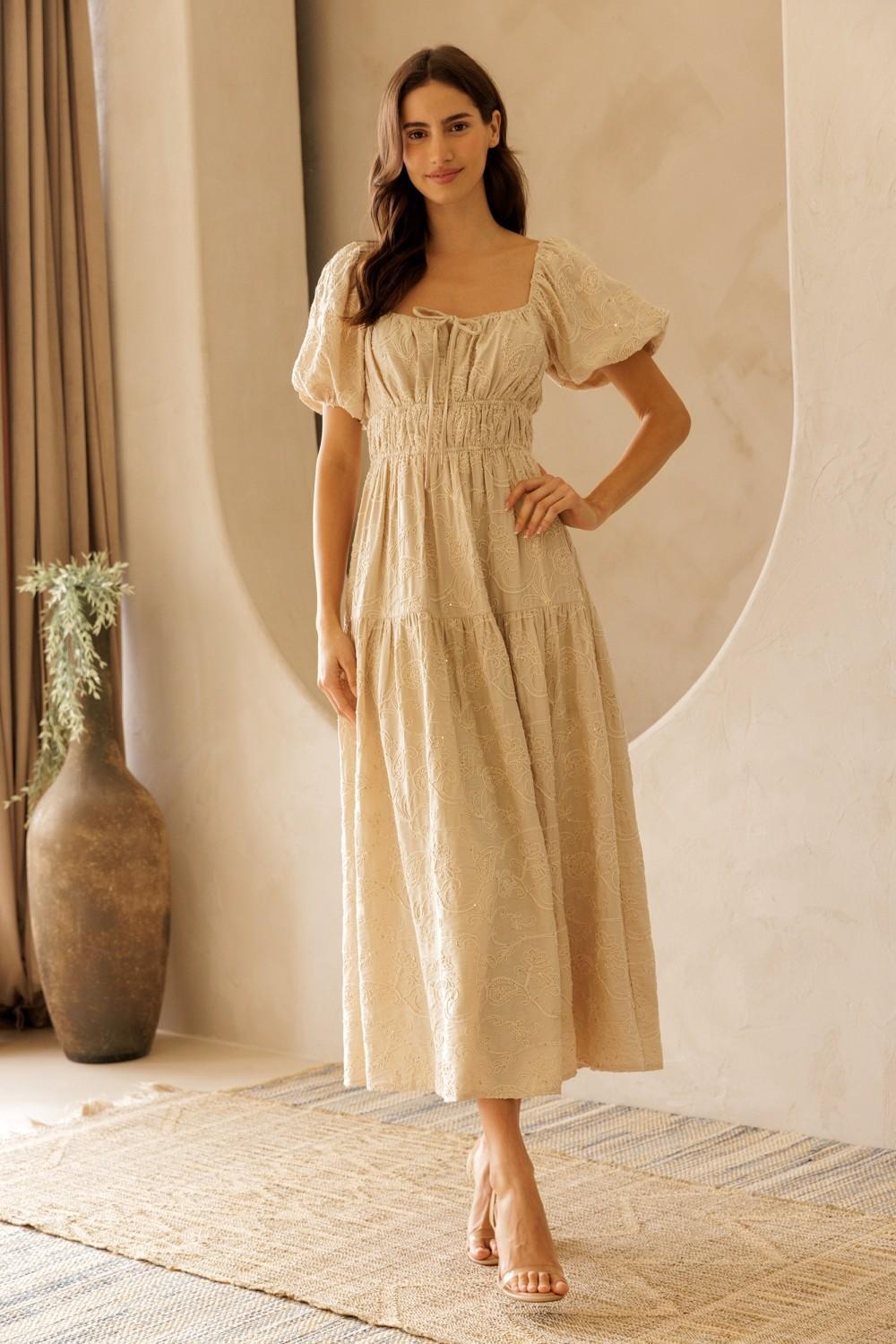 Beige Floral Embroidered Puff Sleeve Midi Dress