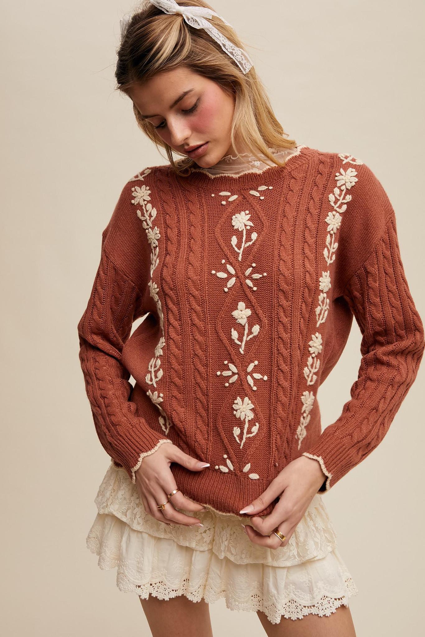 Floral Embroidered Cable Knit Sweater