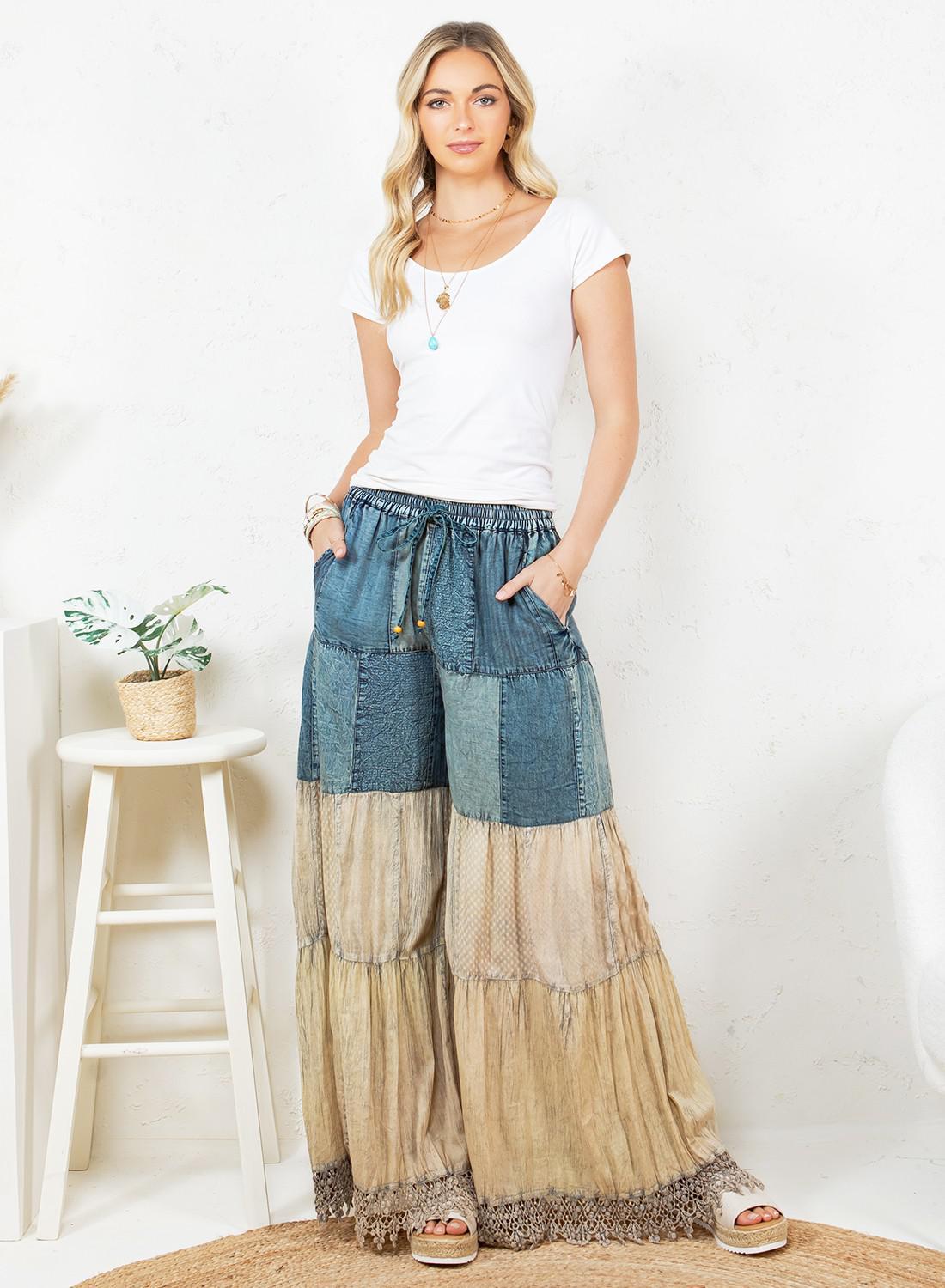 Boho-inspired Long Patched Denim Pants