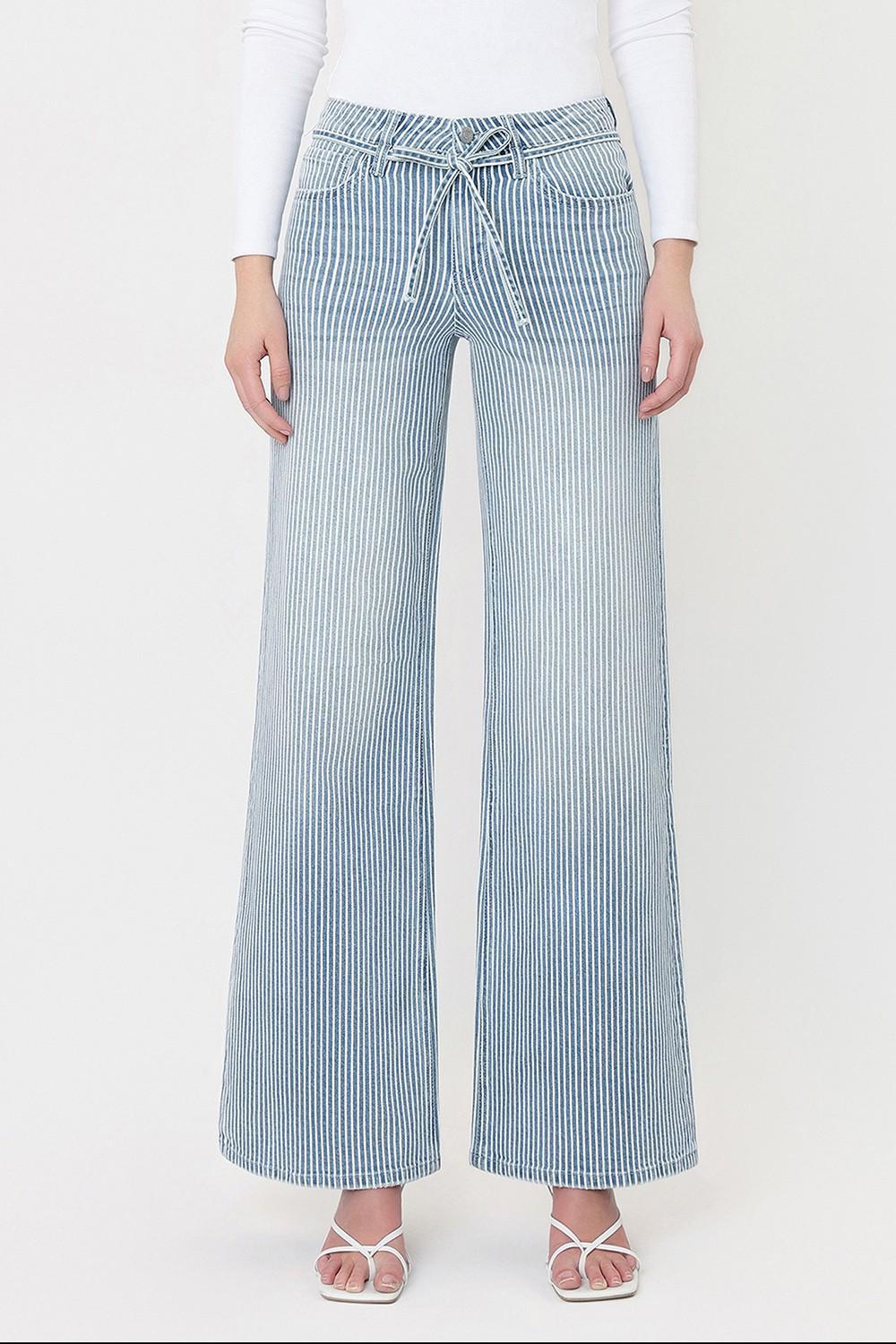 High Rise Waist Tie Striped Wide Leg Jeans