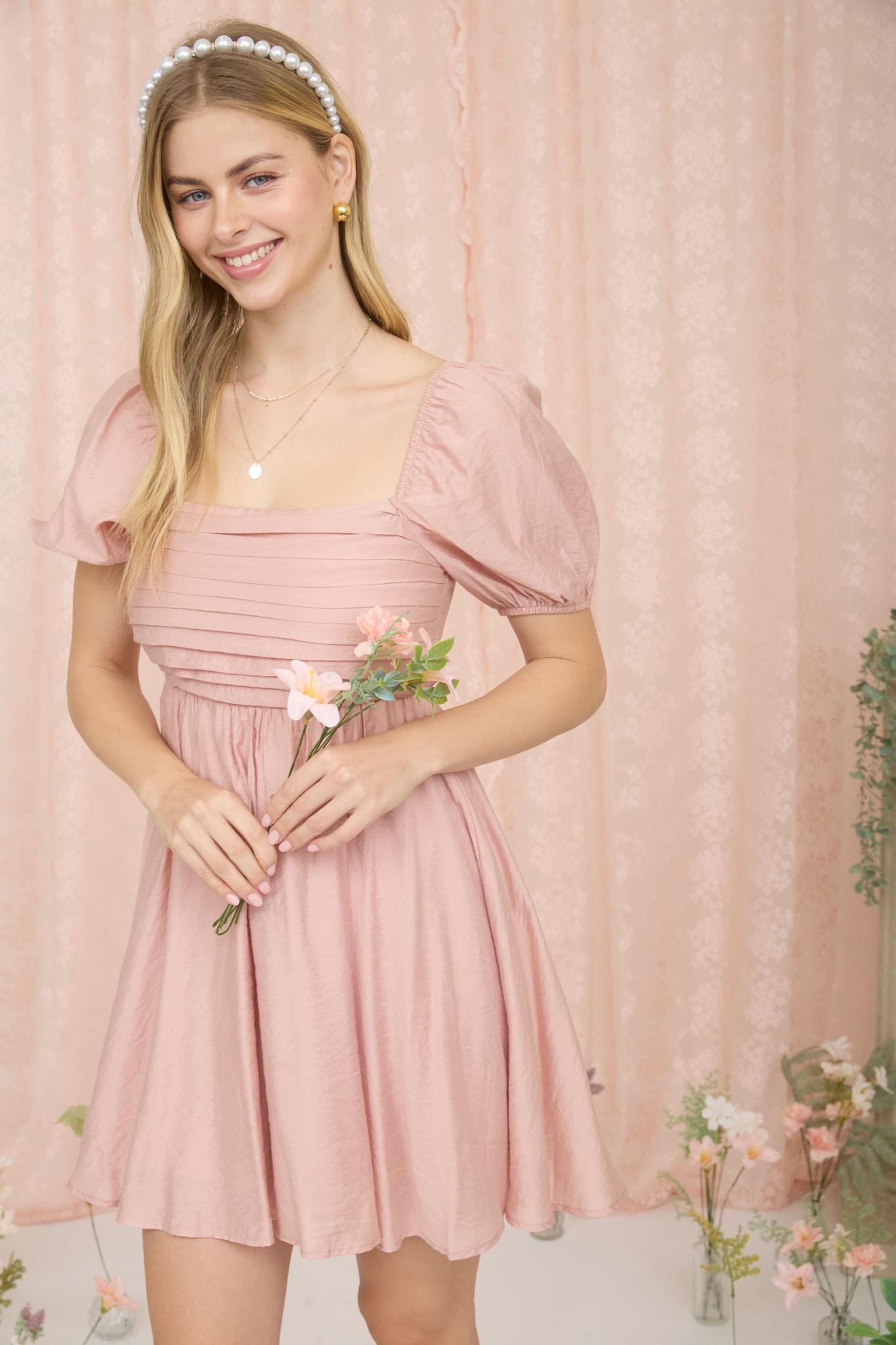 Pleated Bodice Short Puff Sleeve Mini Dress