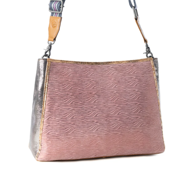 Rosemist Leather Bag for Women in pink with textured detail and shoulder strap