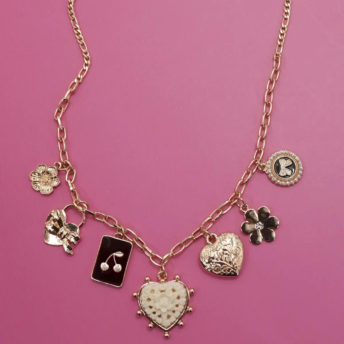 Charm Necklace-Bow Cherry Heart Flower