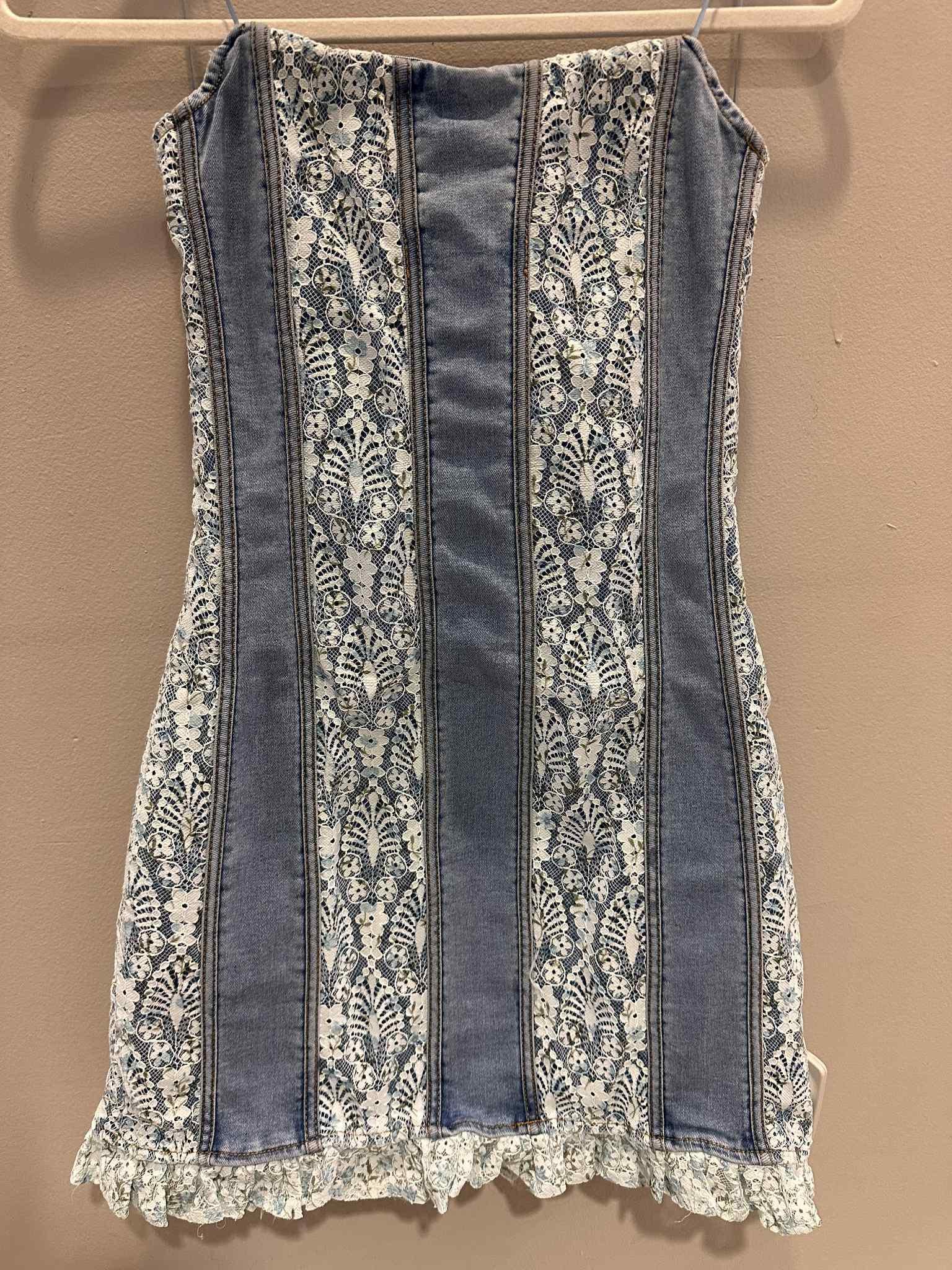 Denim White Lace Bandeau Mini Dress