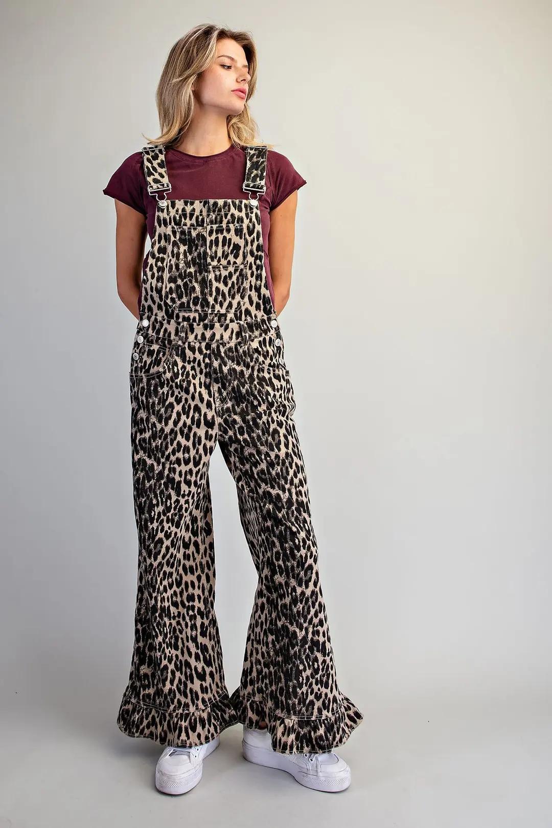 Mineral Washed Leopard Ruffle Hem Jumpsuit