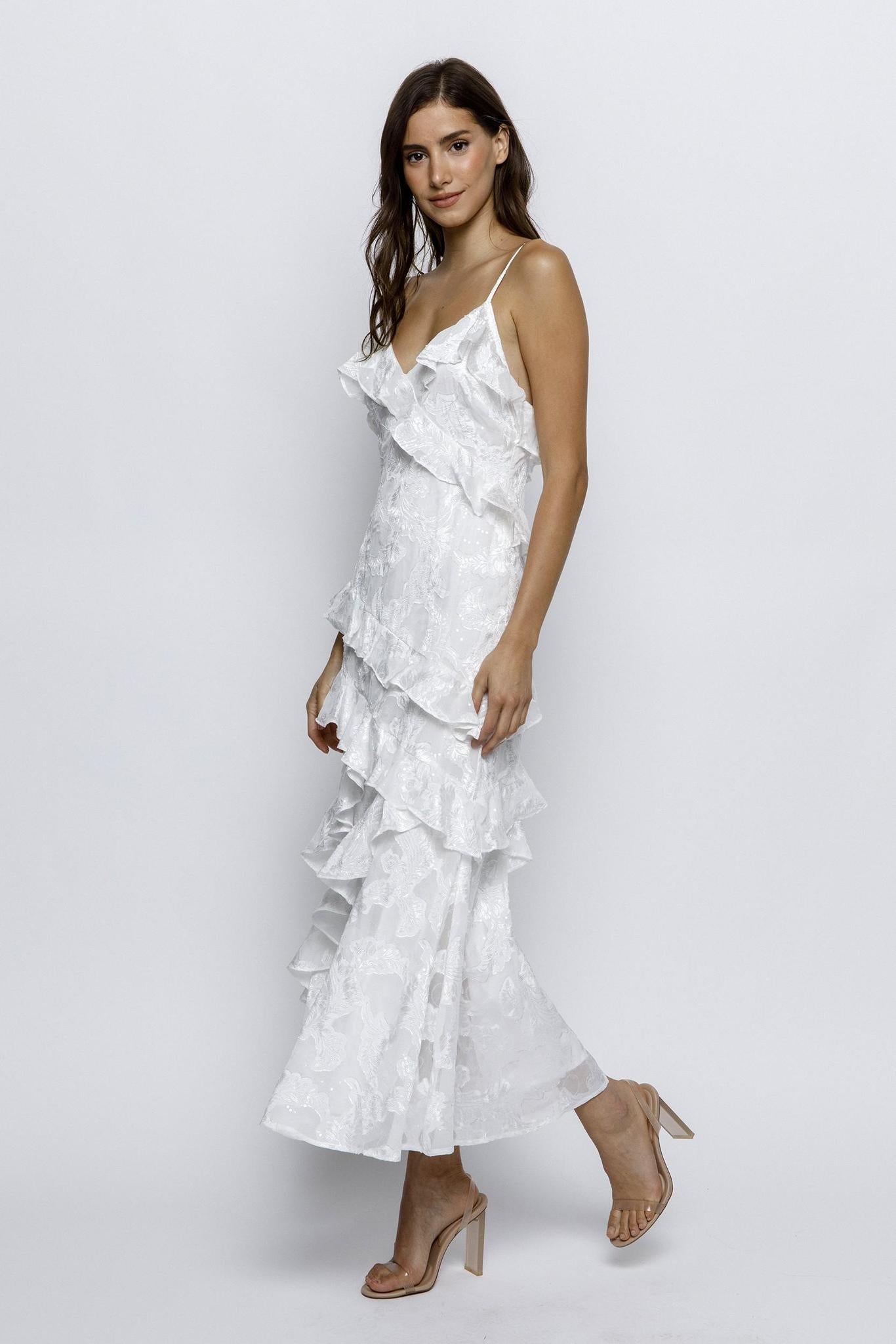 White Beads Embossed Print Ruffled Slip Dress