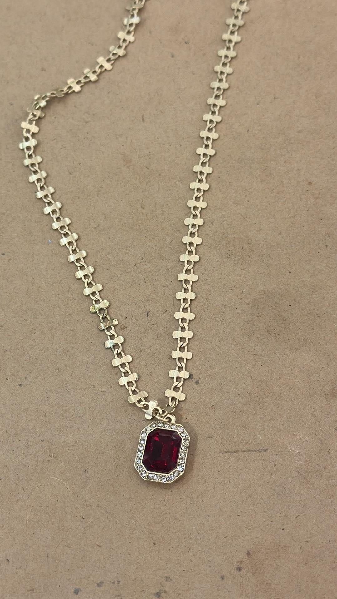 14" Ruby Rectangle Surrounded by Clear Crystals Necklace, 3" Ext.