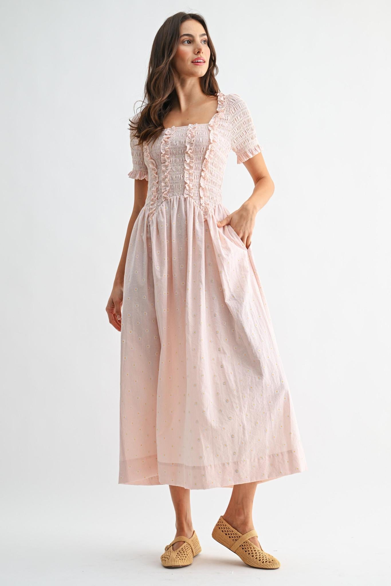 Ruffled Smocked Midi Dress Ditsy Floral Print