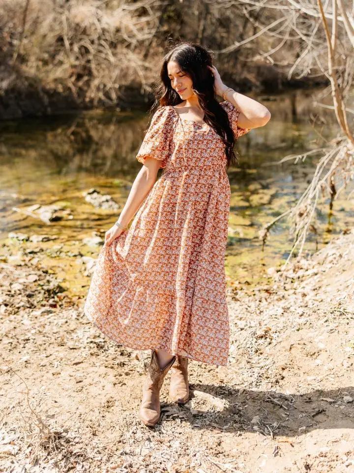 Rust Floral Puff Sleeve Midi Dress
