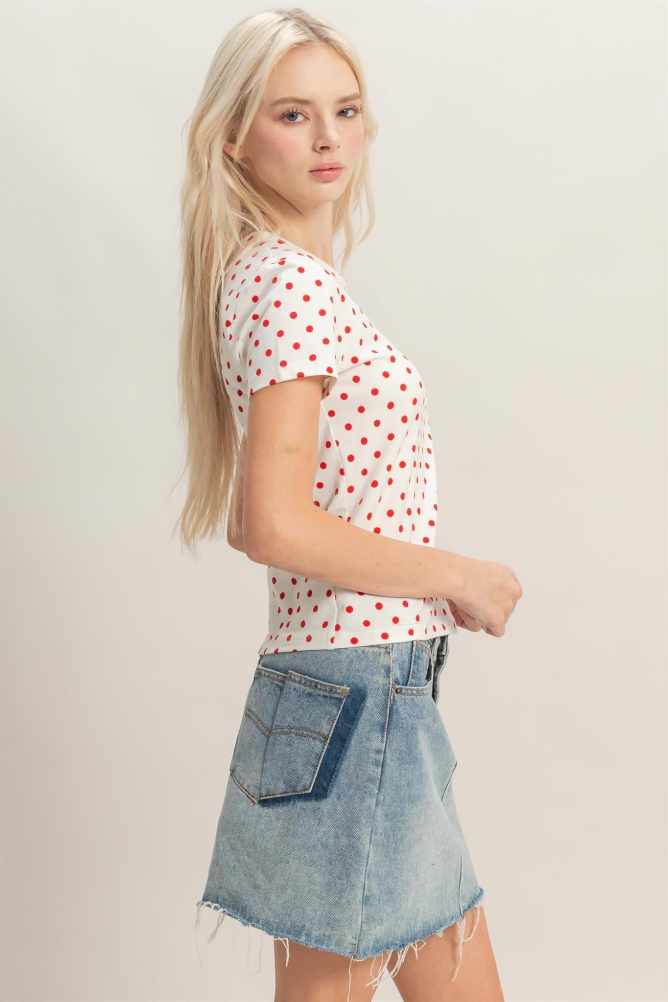 Polka Dot Short Sleeve Crew Neck - Red