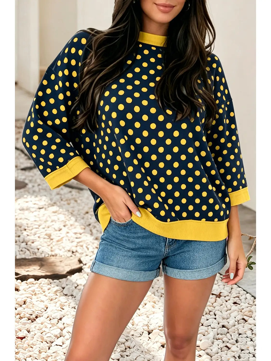 Polka Dot Contrast Trim Round Neck Bracelet Sleeve Top