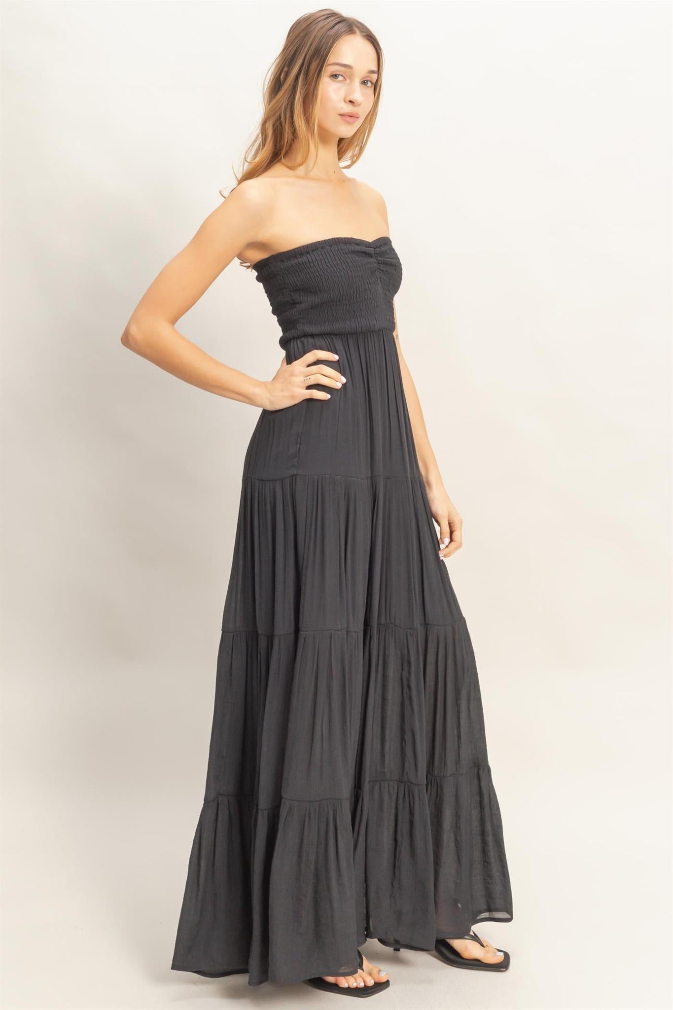 Black Smocked Elastic Neck Maxi Dress