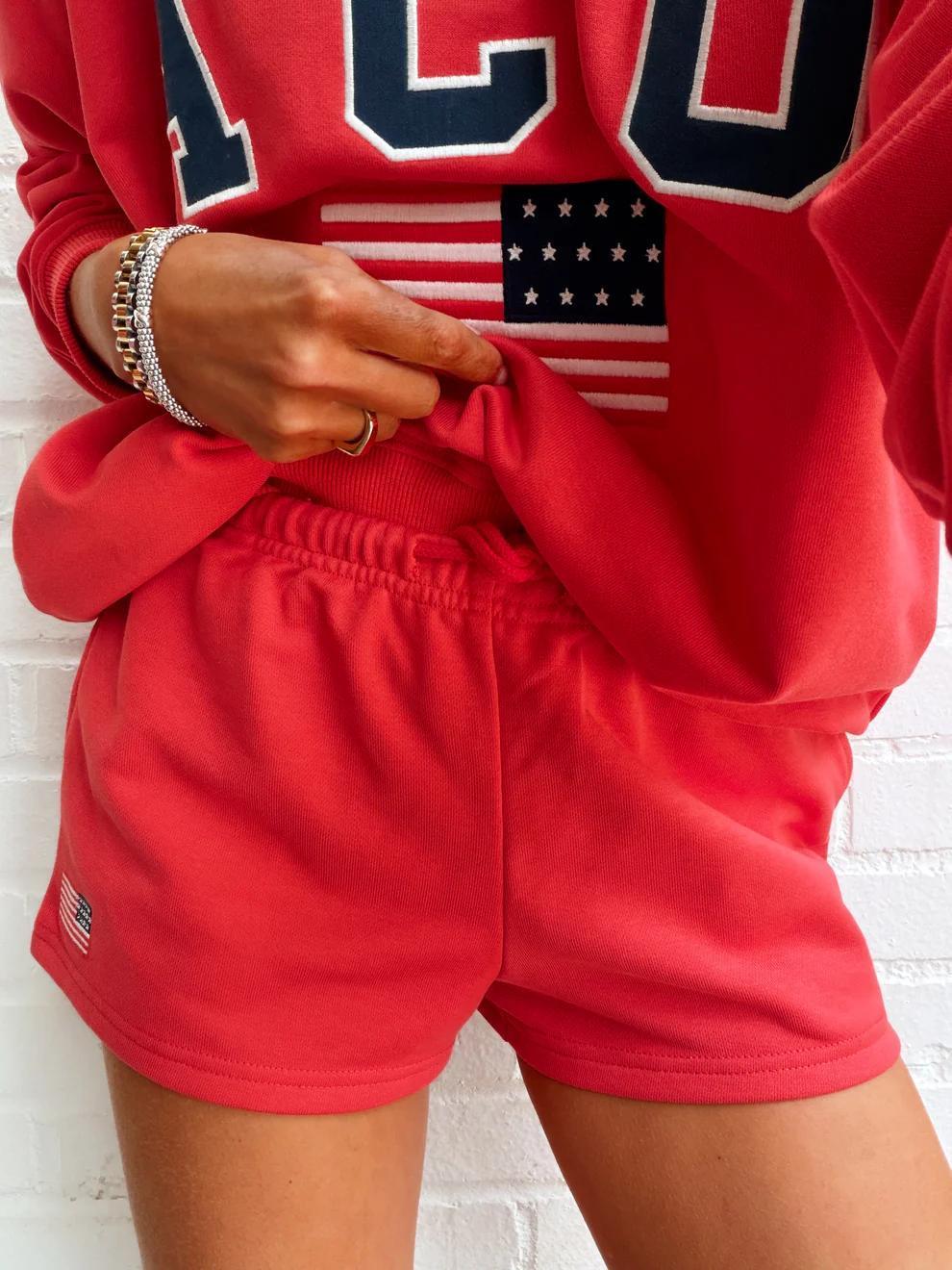 RED USA FLAG EMBROIDERED MID-RISE SWEATSHORT