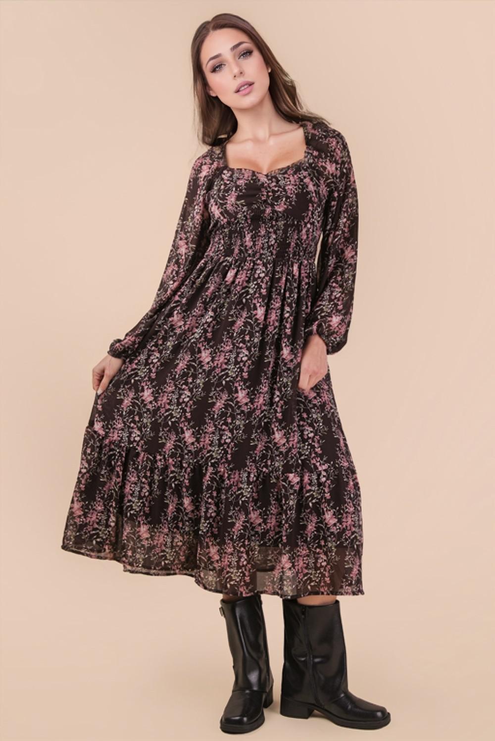 Floral Printed Smocking Torso Midi Dress