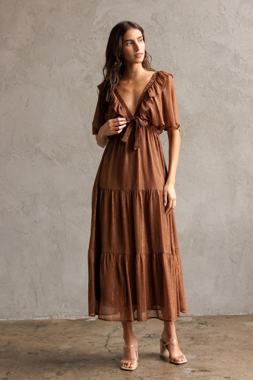 Shimmer Brown Metallic Tiered Midi Dress