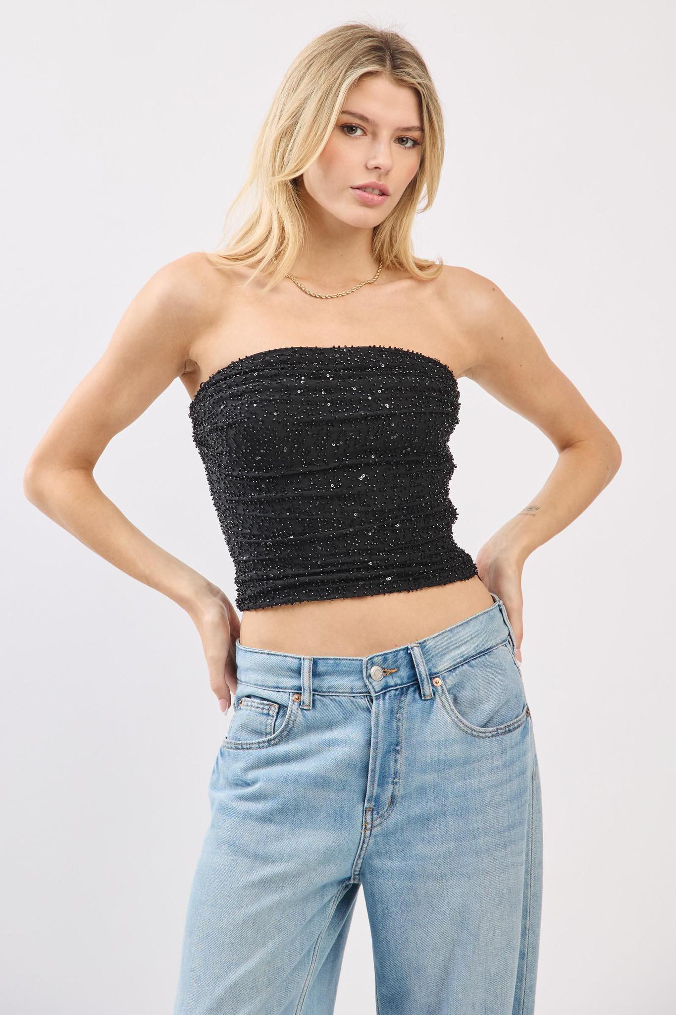 Black Power Mesh Beaded Tube Top