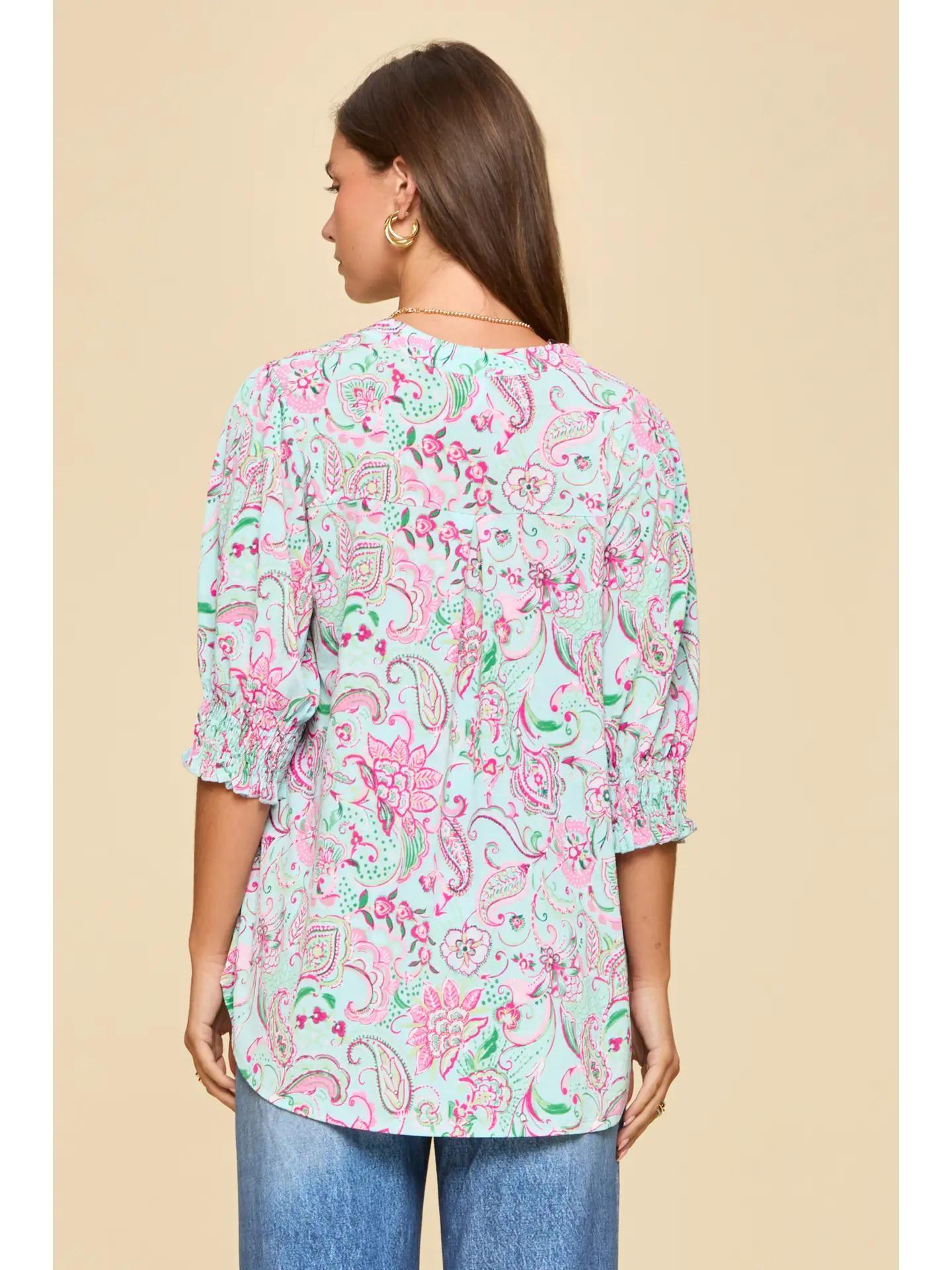 Aqua Pink Smocked 3/4 Sleeve Lizzy Top