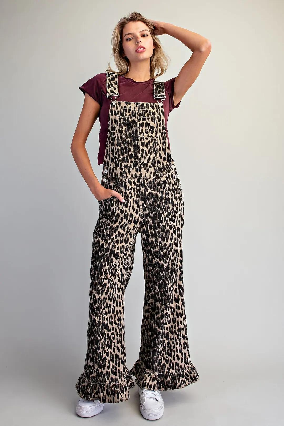 Mineral Washed Leopard Ruffle Hem Jumpsuit