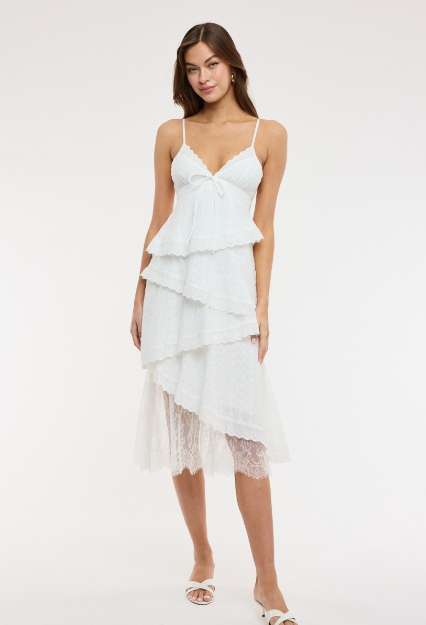 White Eyelet Asymmetric Layered Lace Midi Dress
