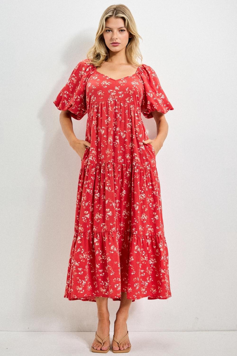 Floral Print Puff Sleeve Tiered Maxi Dress