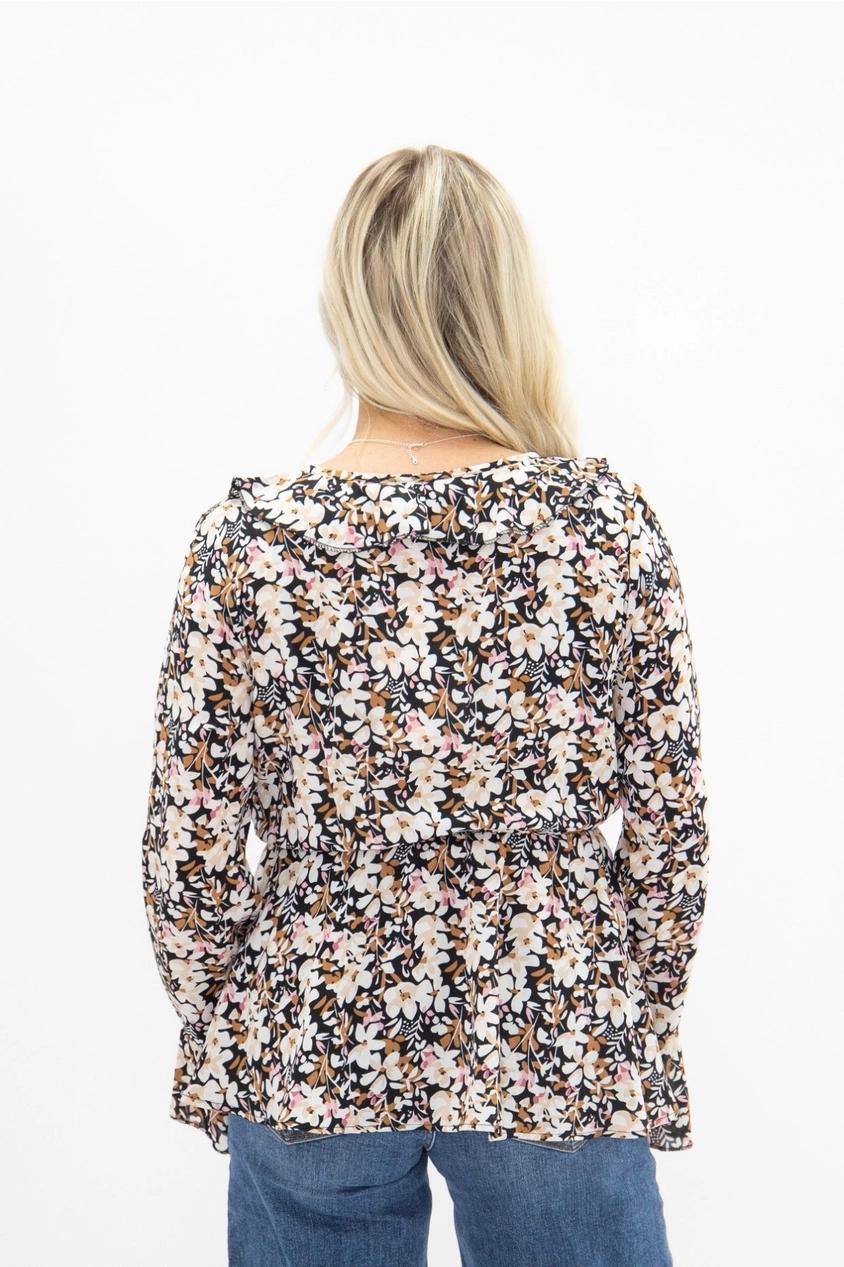 Black Floral Peplum Blouse with Ruffle Detail