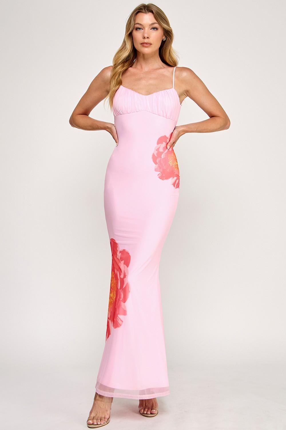 Pink Mesh Big Flower Maxi Dress