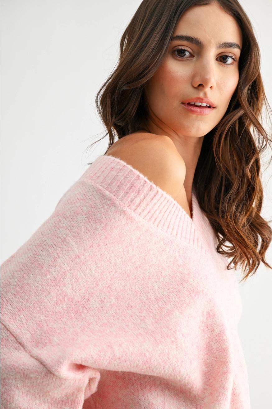 Pink Cozy V-Neck Blue Knit Sweater