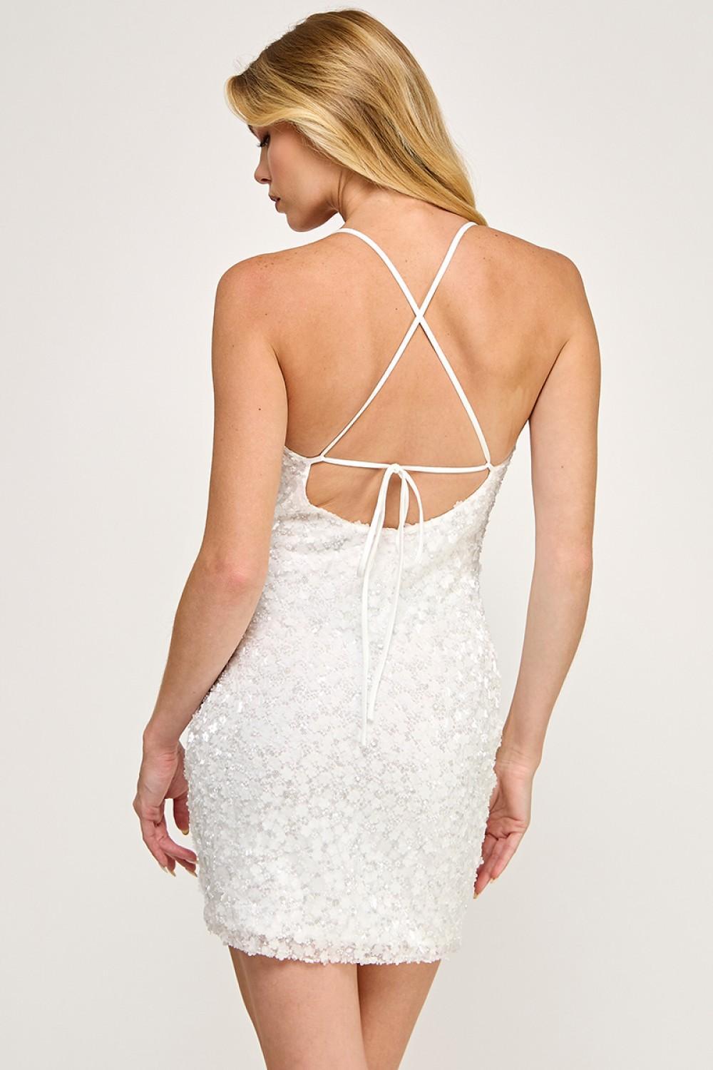 WHITE EMBEDDED FLORALS STRAP MINI DRESS