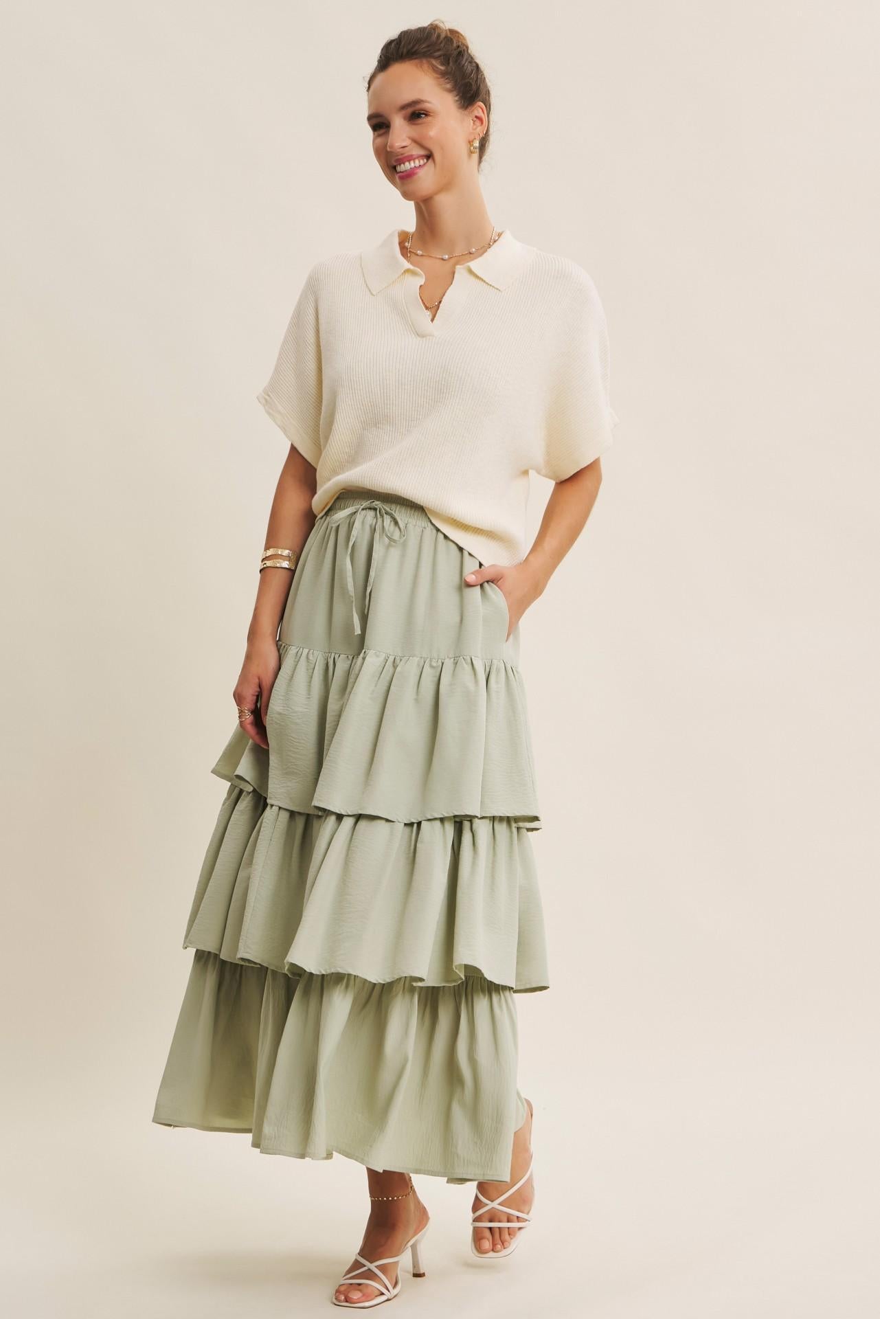Airy Tiered Ruffle Maxi Skirt With Pockets - Sage