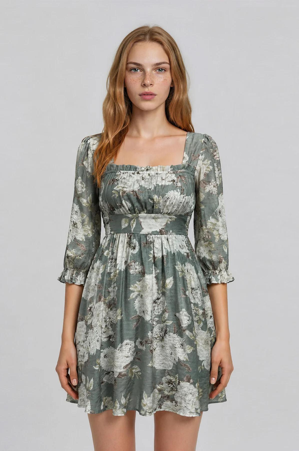 FLORAL SQUARE NECK HALF SLEEVE MINI DRESS