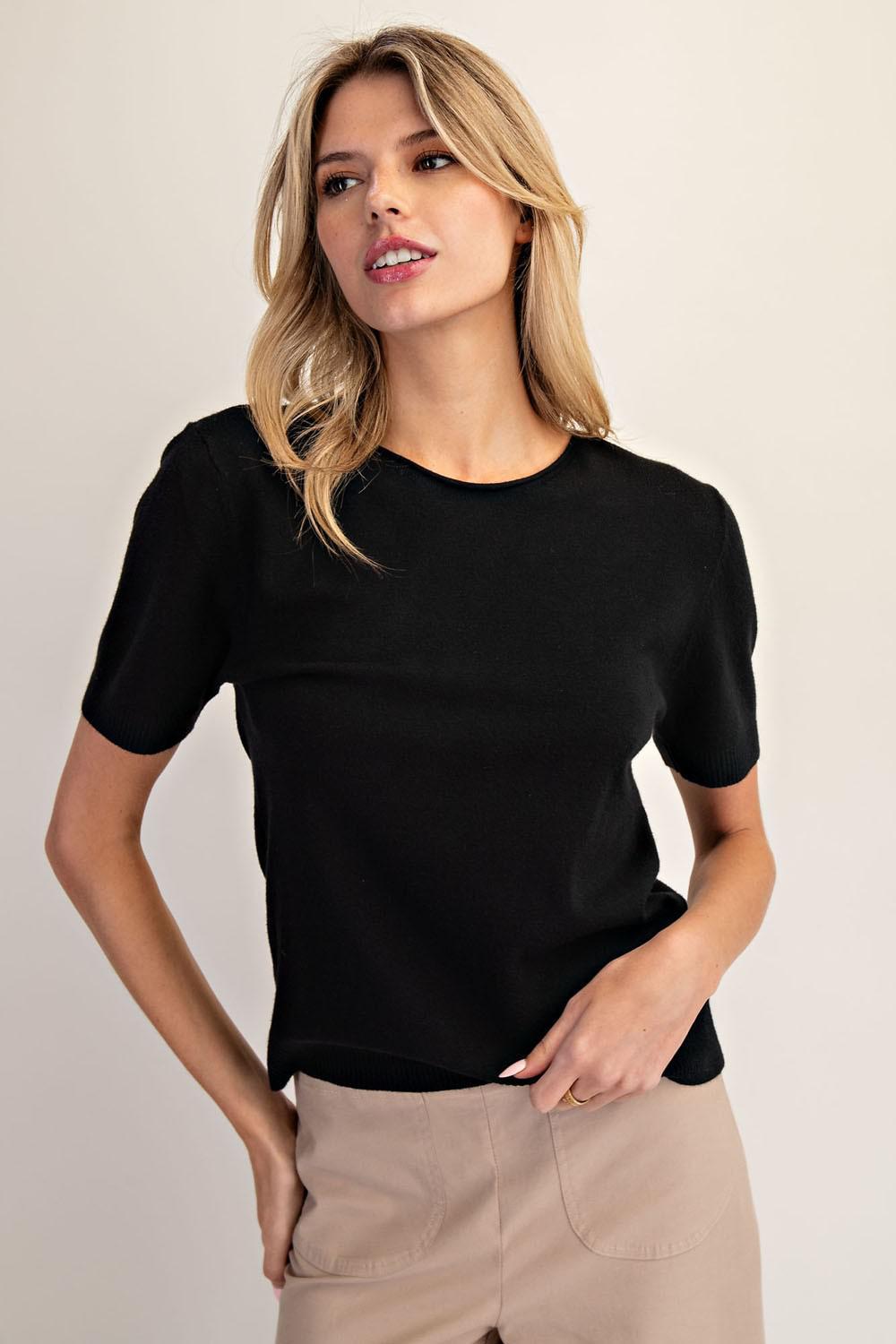 Solid Black Round Neck Short Sleeve Sweater